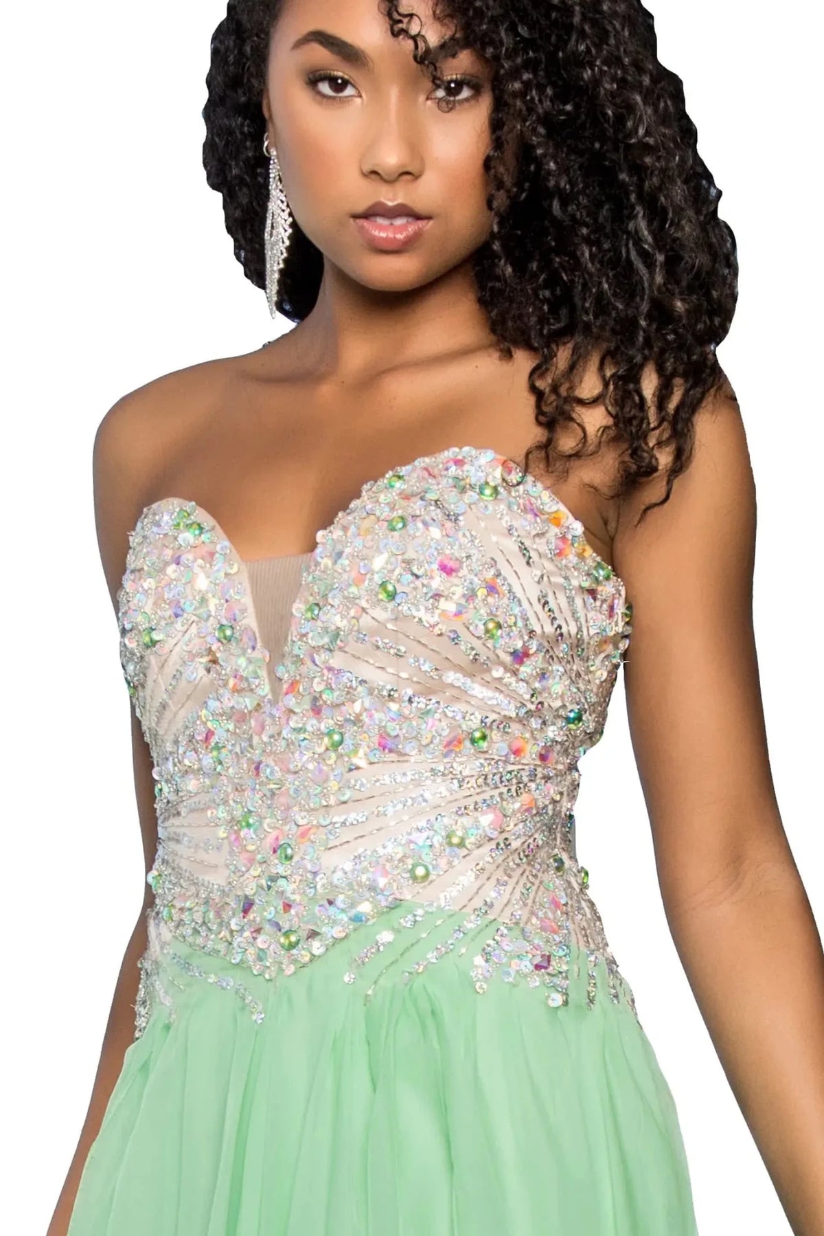 Light Green sweetheart prom evening dress upper front with jewel, sequin