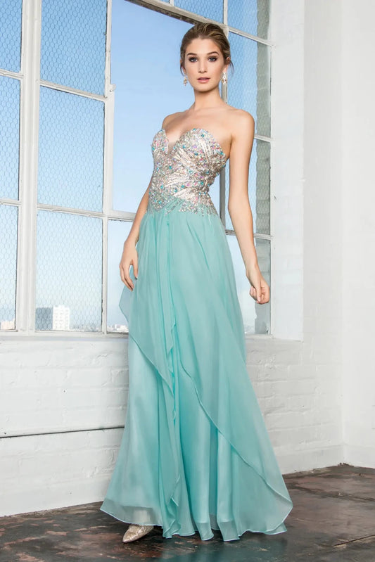 Full-length front view shows sequin strapless styling on the Tiffany prom evening dress.