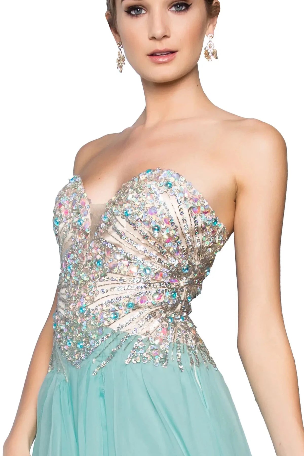 Tiffany sweetheart prom evening dress upper front with jewel, sequin