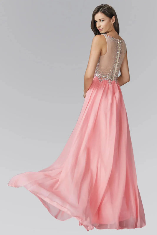 Full-length front view shows sequin styling on the Coral prom evening dress.