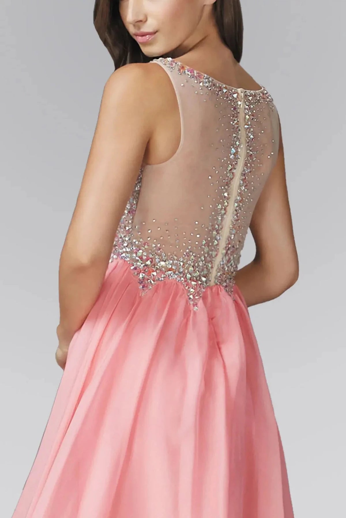 Coral prom evening dress full back with back detail