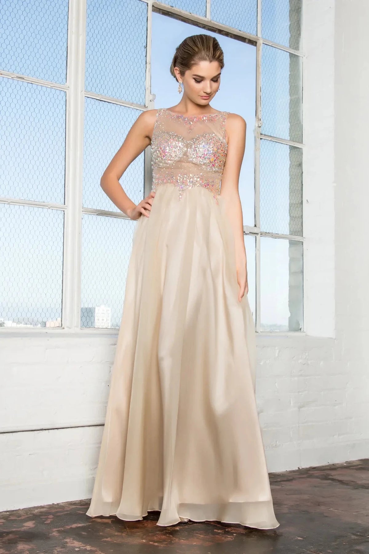 Taupe sequin prom evening dress full front