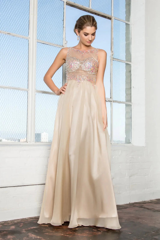 Full-length front view shows sequin styling on the Taupe prom evening dress.