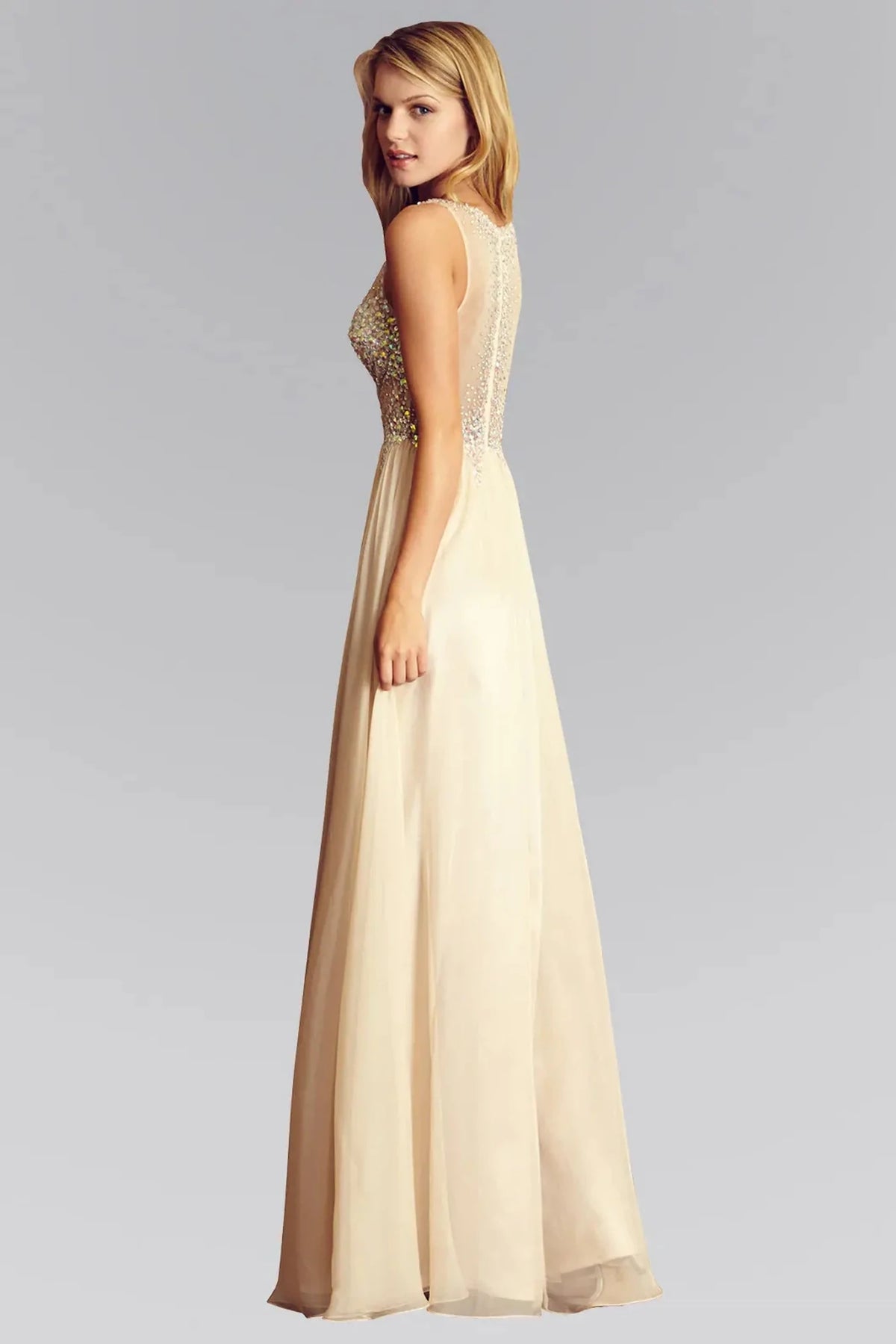 Taupe prom evening dress full back with back detail