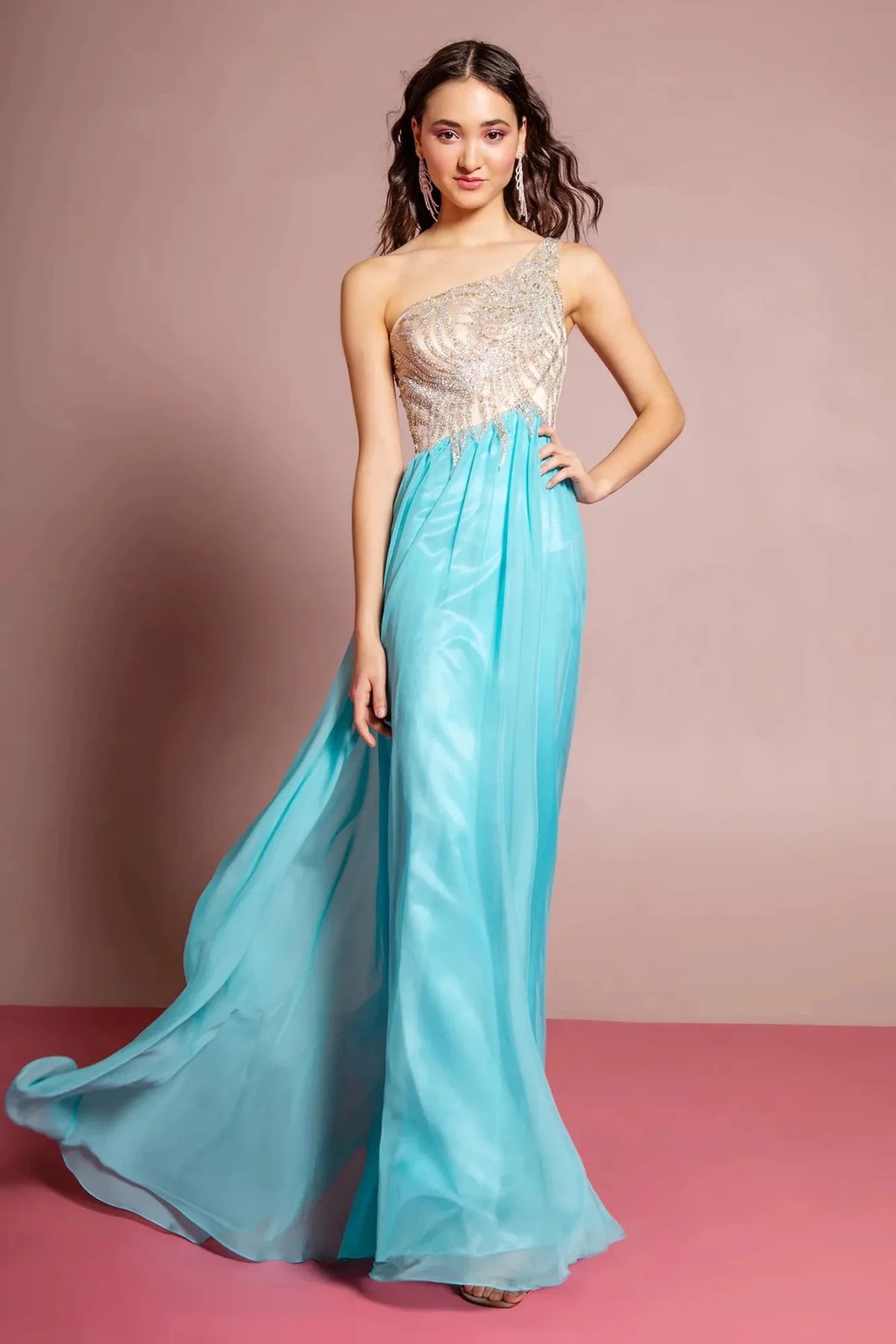Blue beaded one-shoulder prom evening dress full front