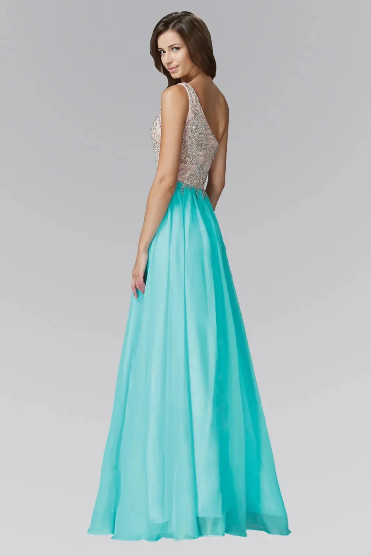 Blue prom evening dress full back with open back
