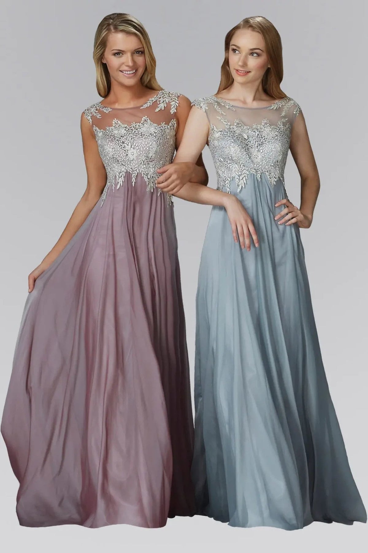 Silver chiffon, lace formal dress full back view