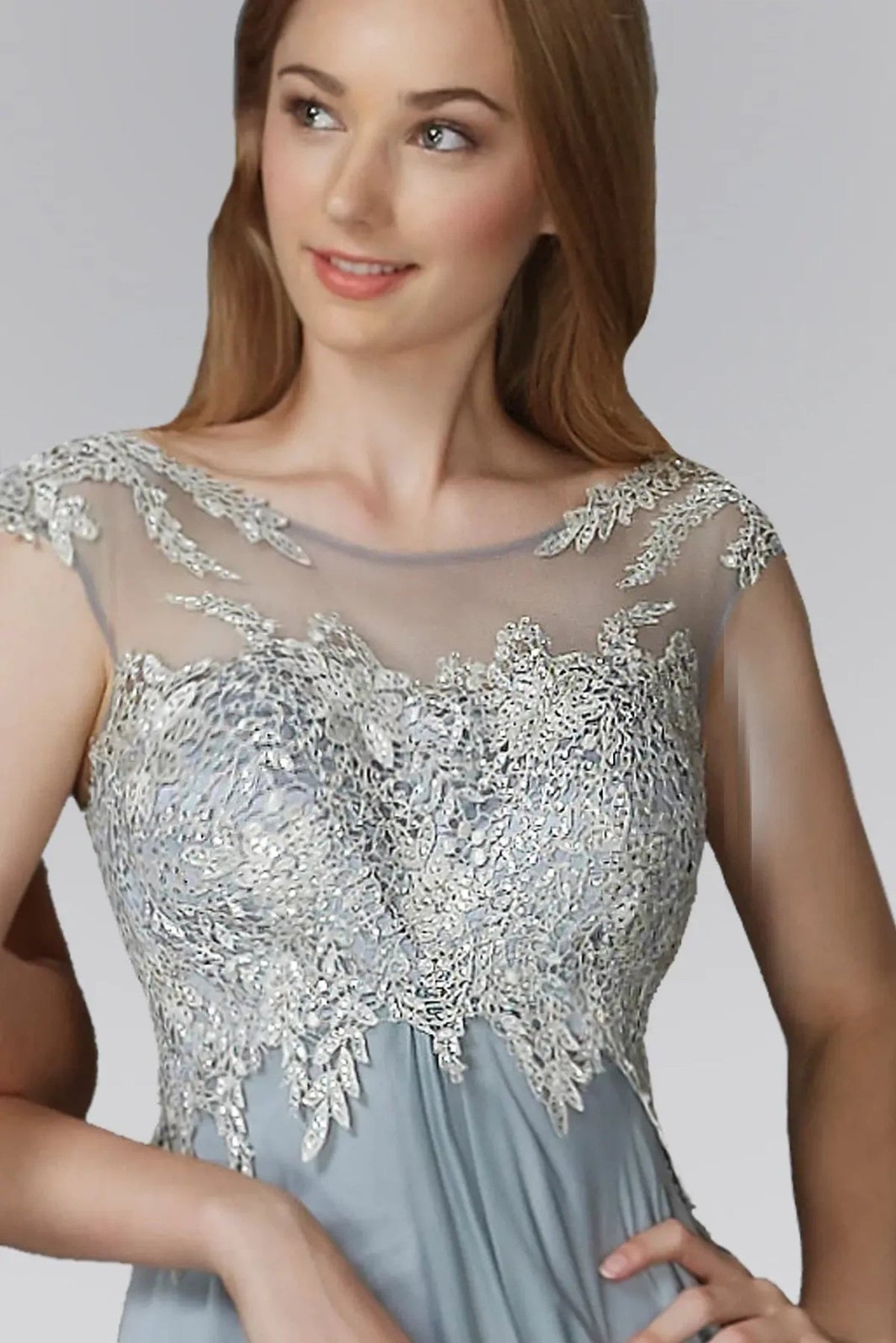 Silver chiffon, lace formal dress back bodice detail