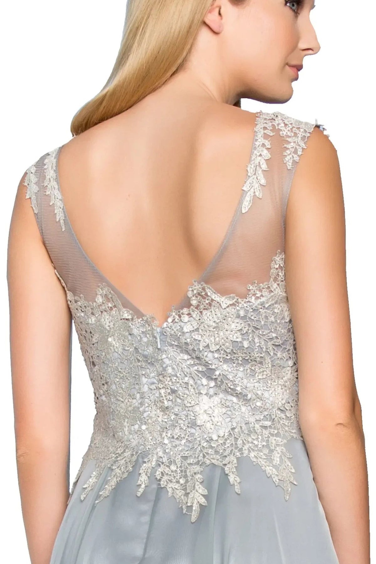 Silver chiffon, lace formal dress side detail