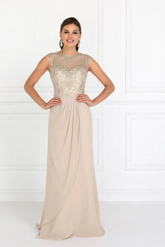 Bodice close-up highlights gold beading embellished formal dress.