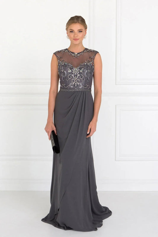 Full-length view highlights gray beading embellished formal dress.