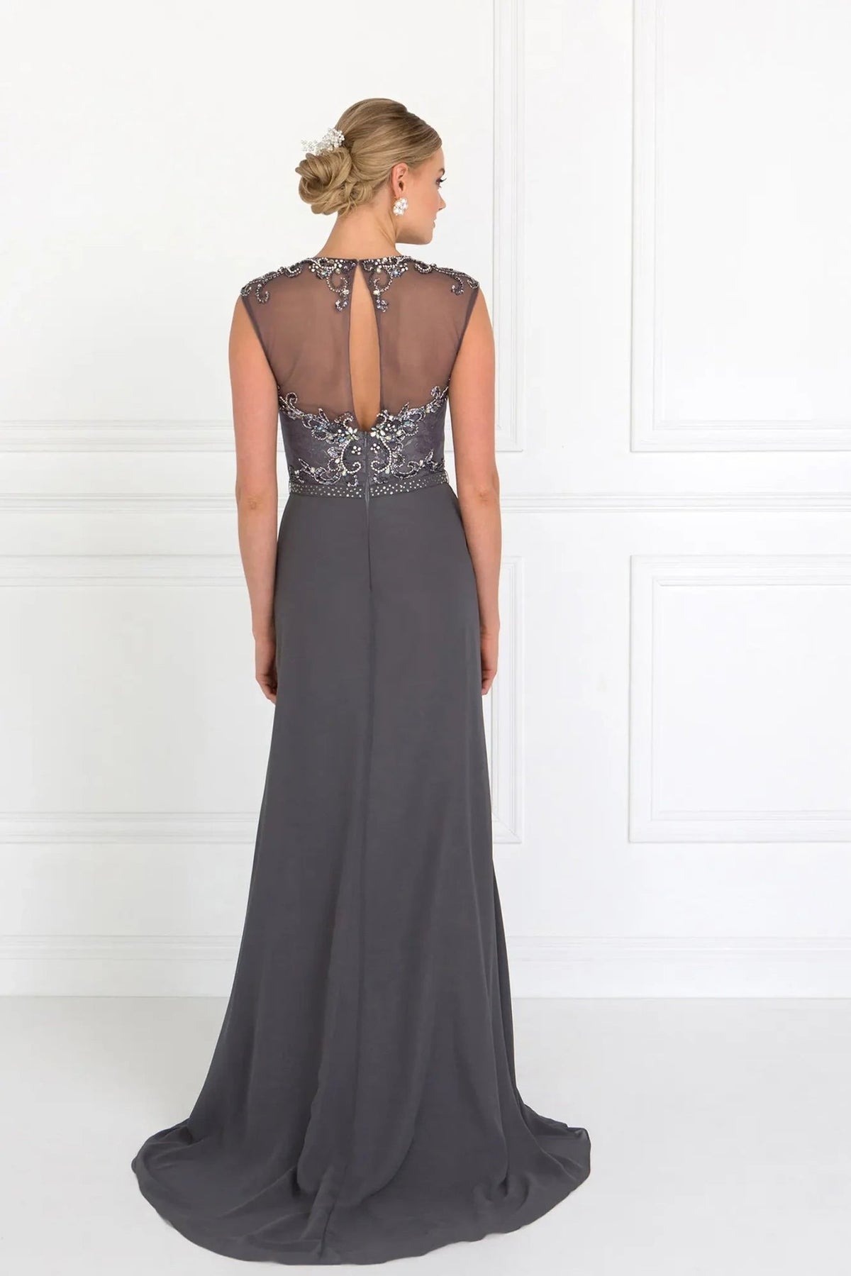 Gray beading embellished formal dress full back view
