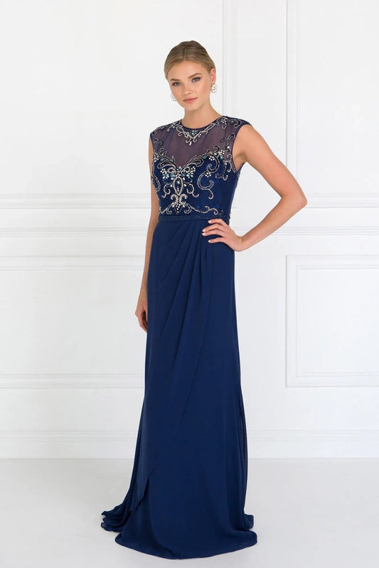 Full-length view highlights navy beading embellished formal dress.