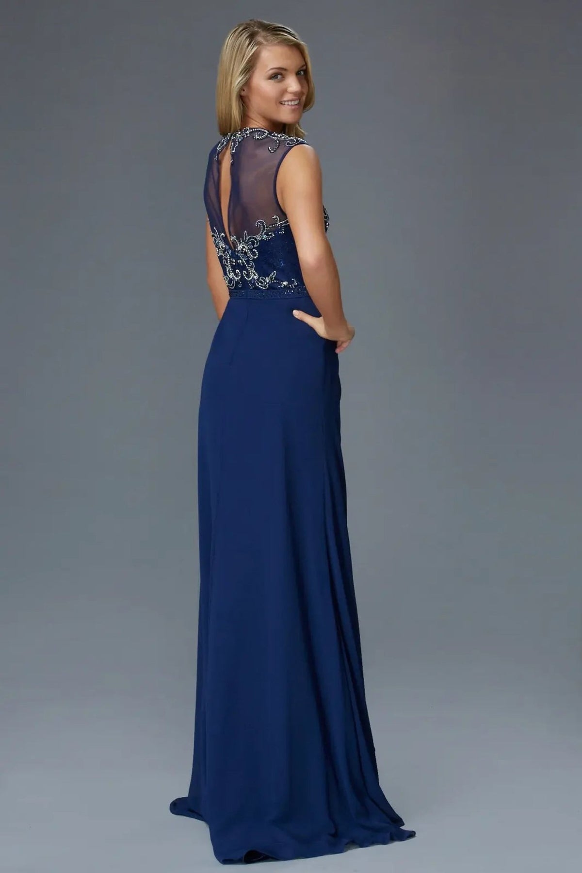 Navy beading embellished formal dress full back view