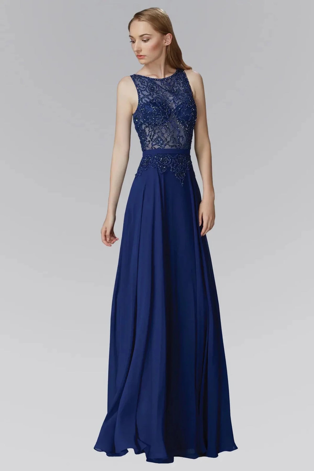 Navy beaded prom evening dress full front