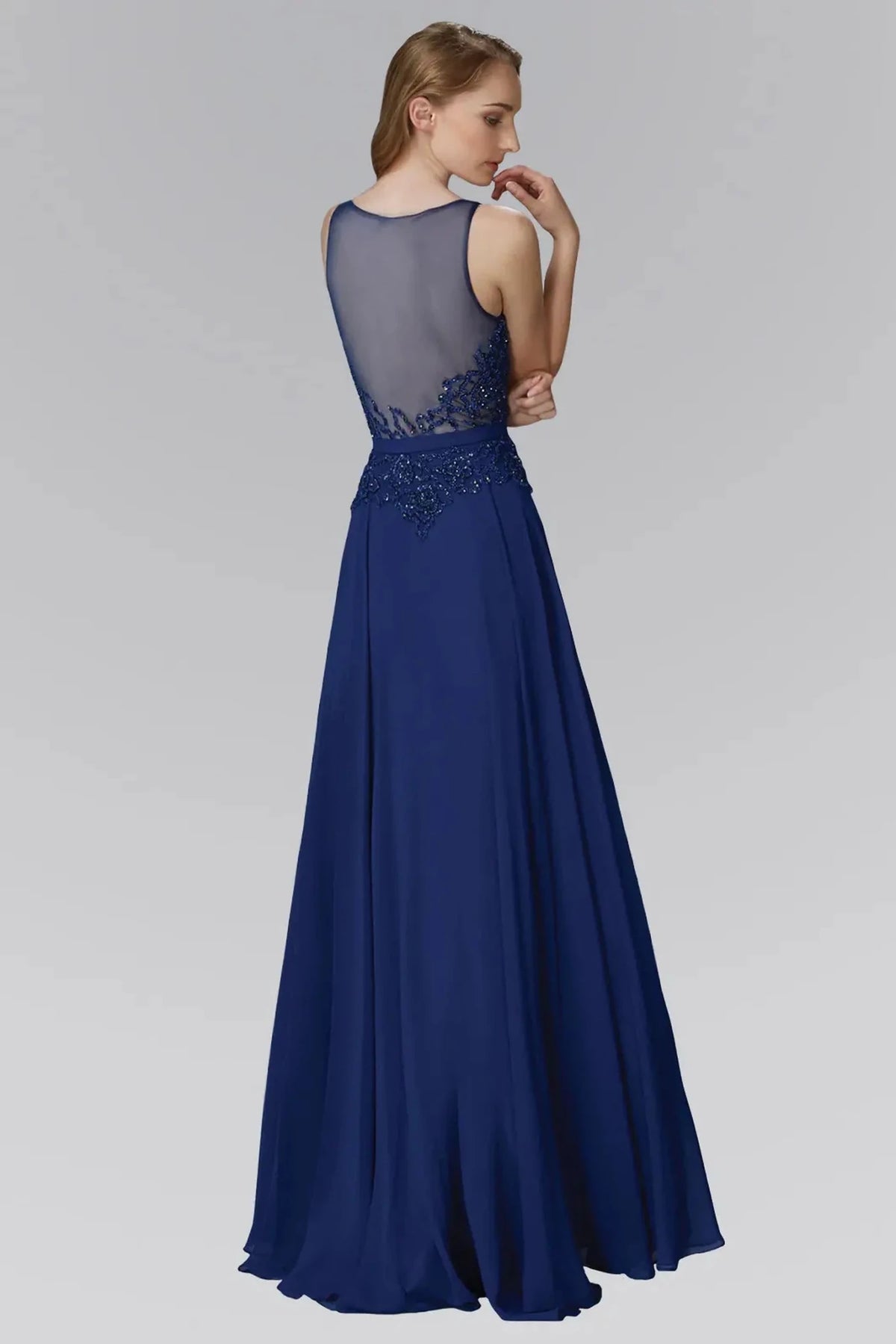 Navy prom evening dress full back with sheer back