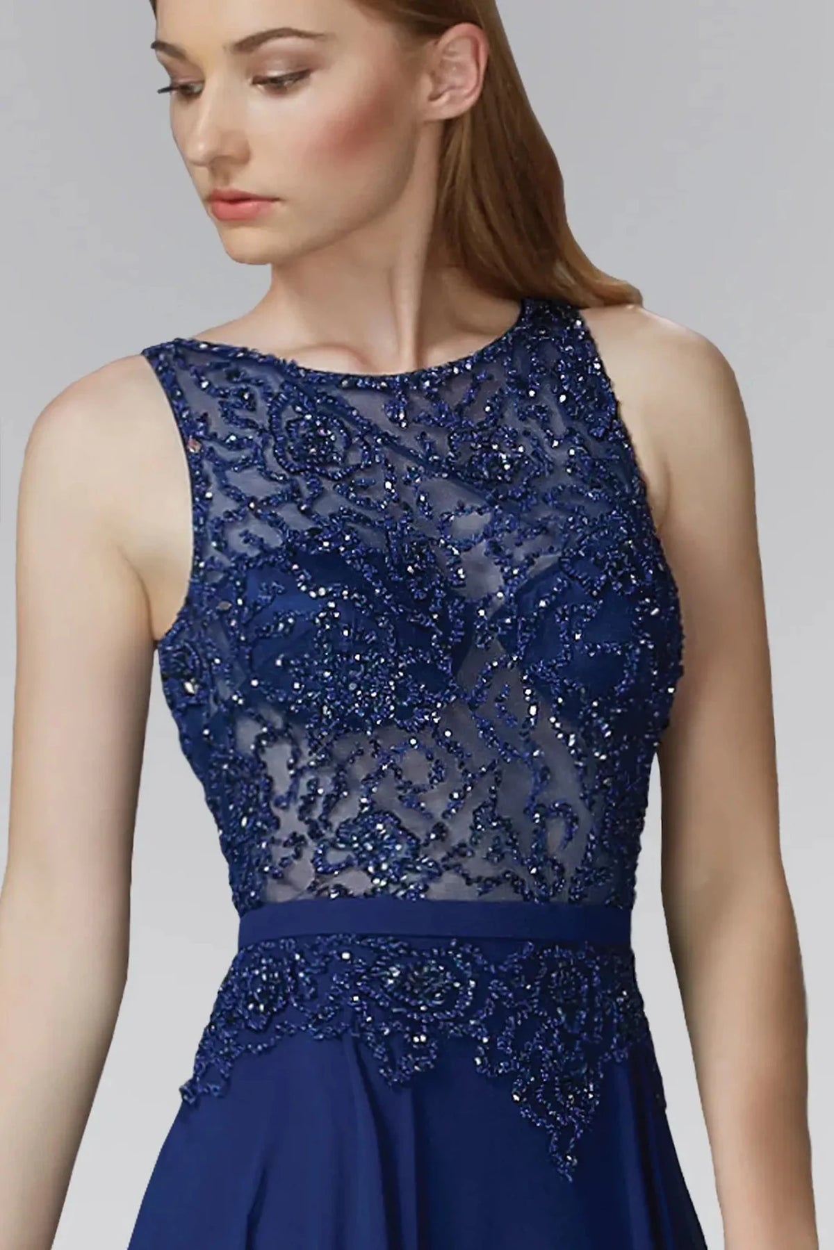 Navy crew-neck prom evening dress upper front with beads