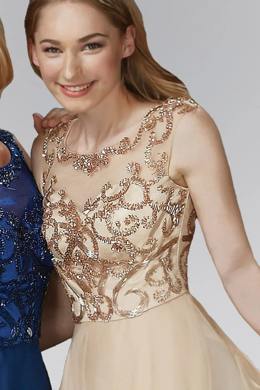 Nude beading formal dress full front view