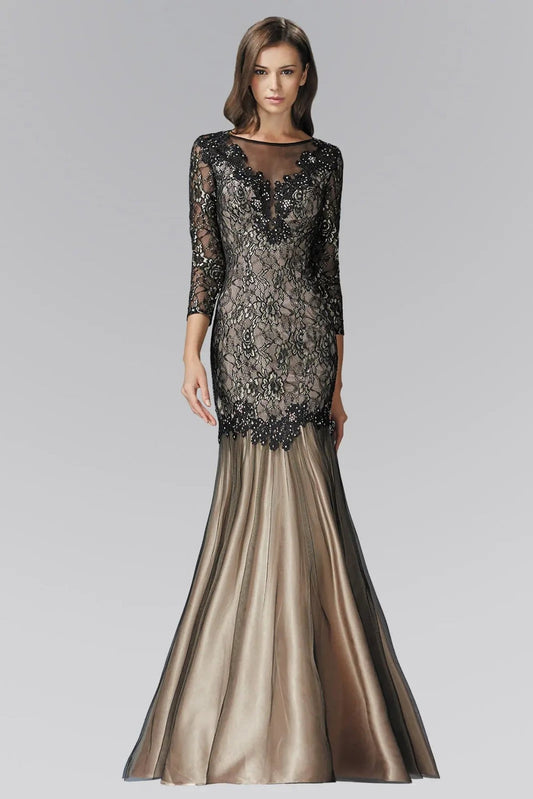 Skirt detail shows black/Nude beading formal dress skirt detail.