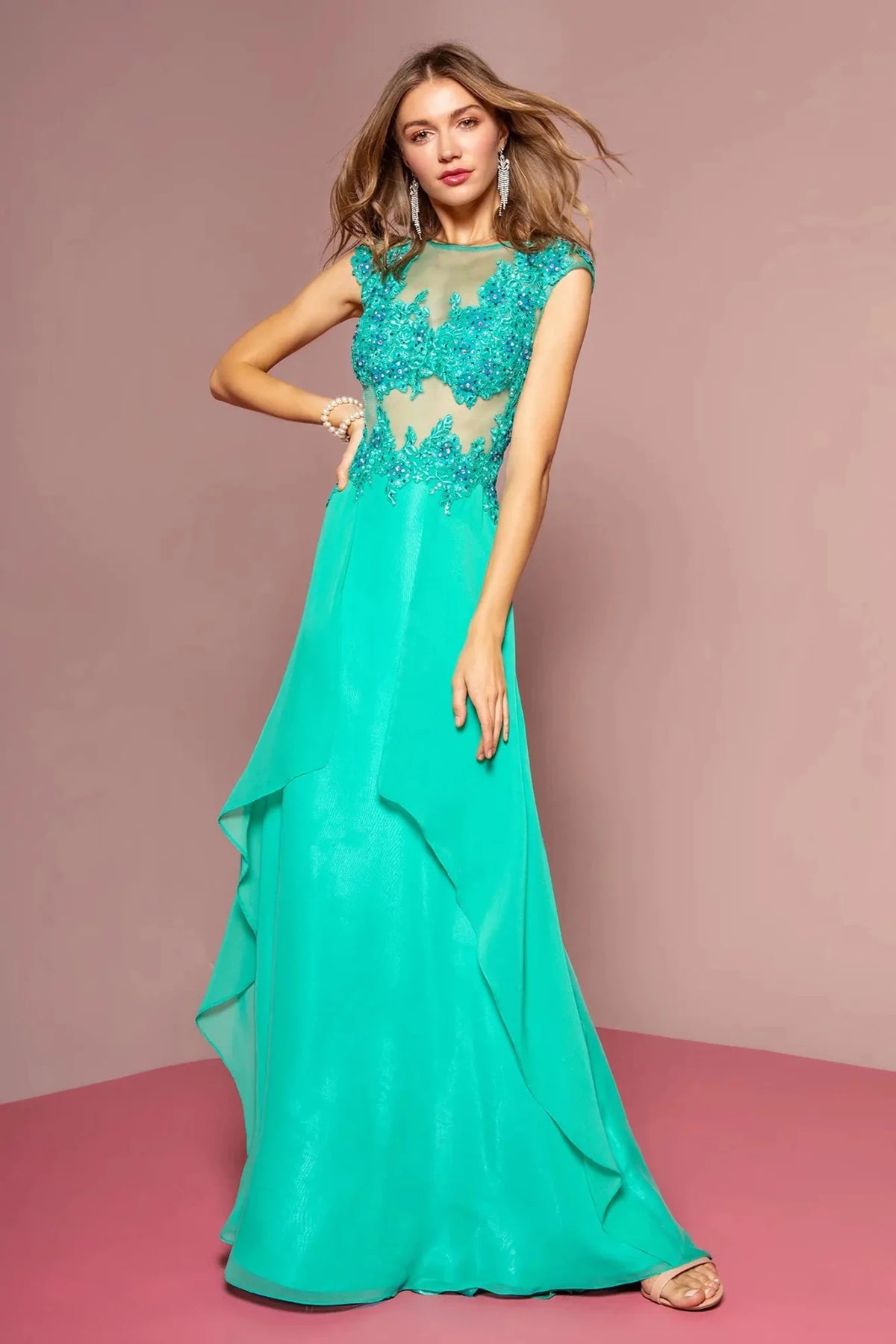 Light Green beaded cap-sleeve prom evening dress full front