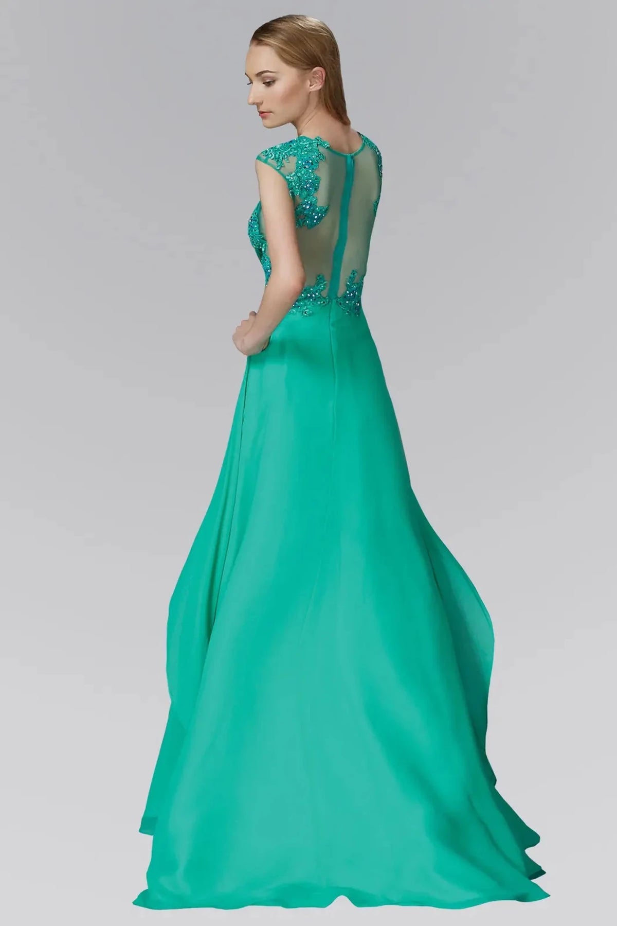 Light Green prom evening dress full back with sheer back