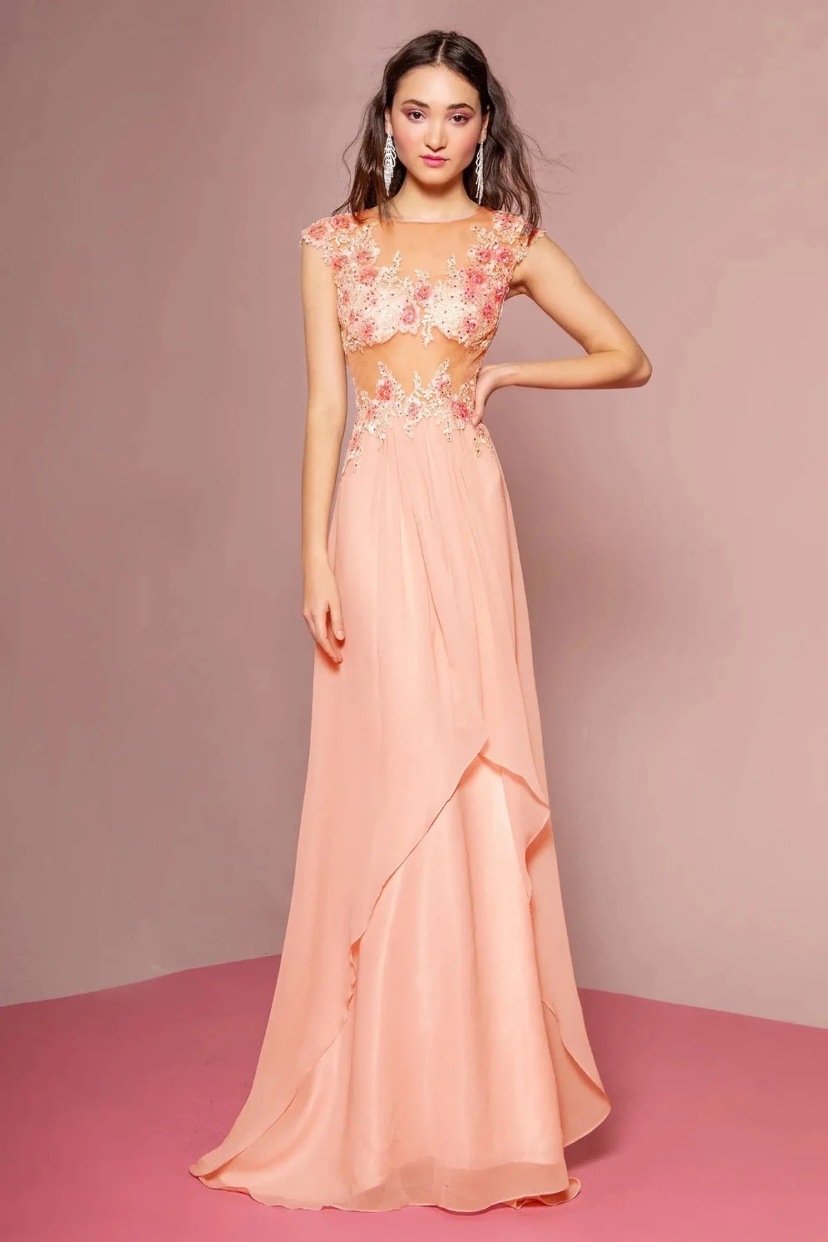 Peach beaded cap-sleeve prom evening dress full front
