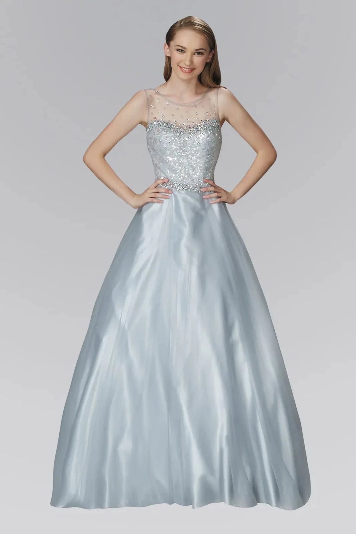 Silver sequin prom evening dress full front