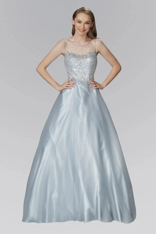 Full-length front view shows sequin styling on the Silver prom evening dress.