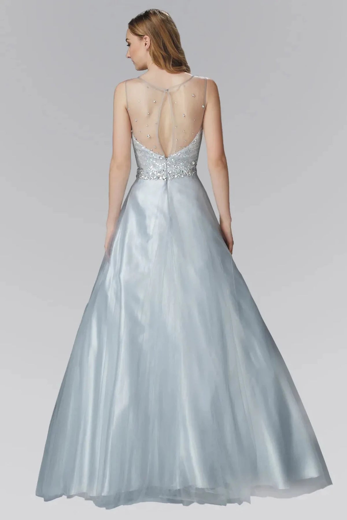Silver prom evening dress full back with open back