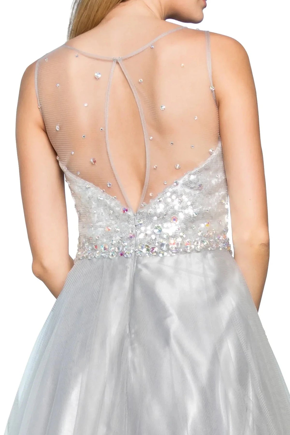 Silver prom evening dress a-line skirt detail