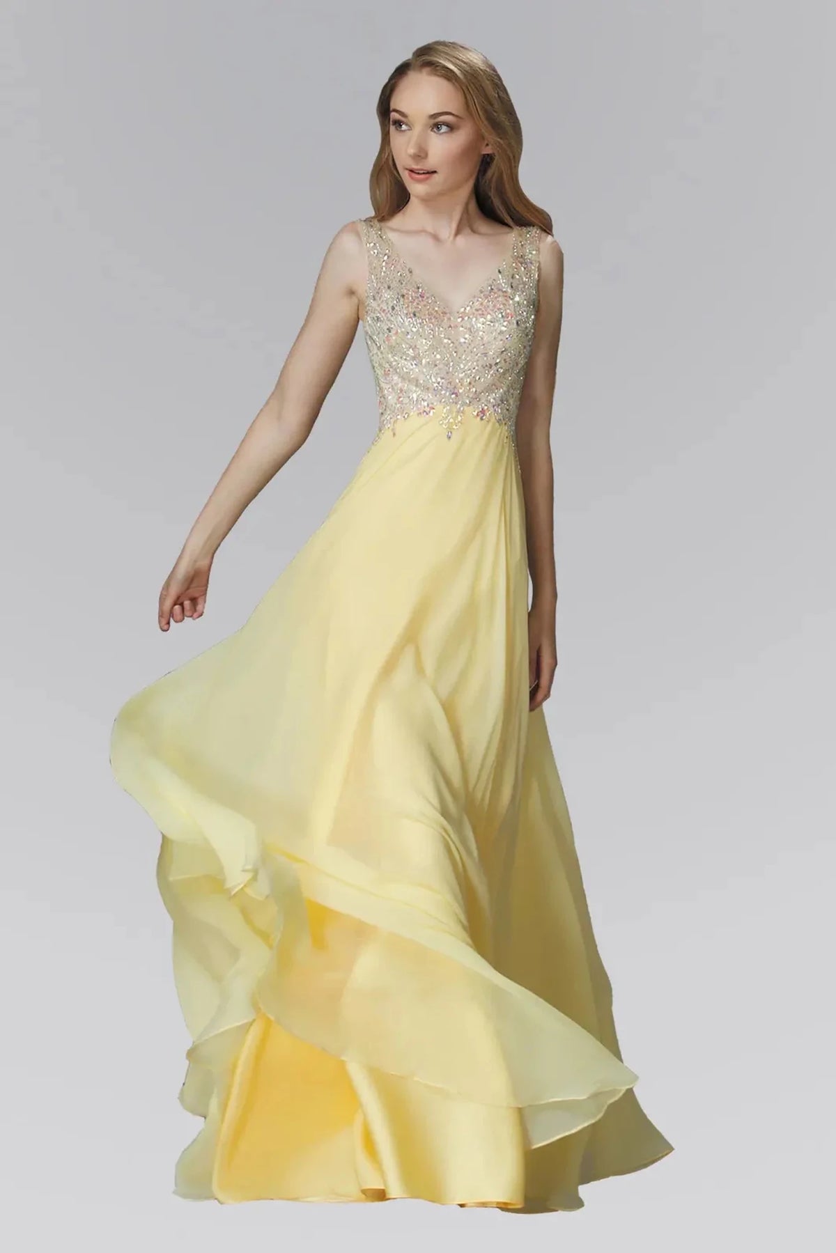 Light Yellow beaded prom evening dress full front