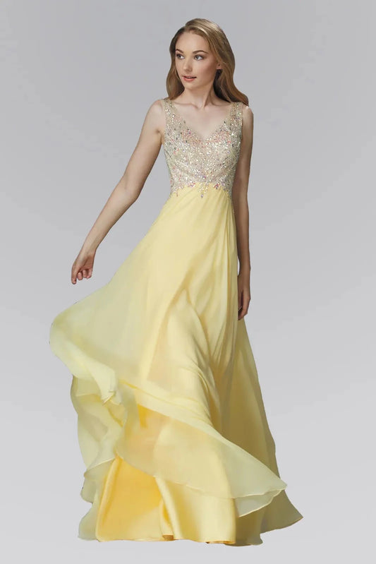 Full-length front view shows beaded styling on the Light Yellow prom evening dress.