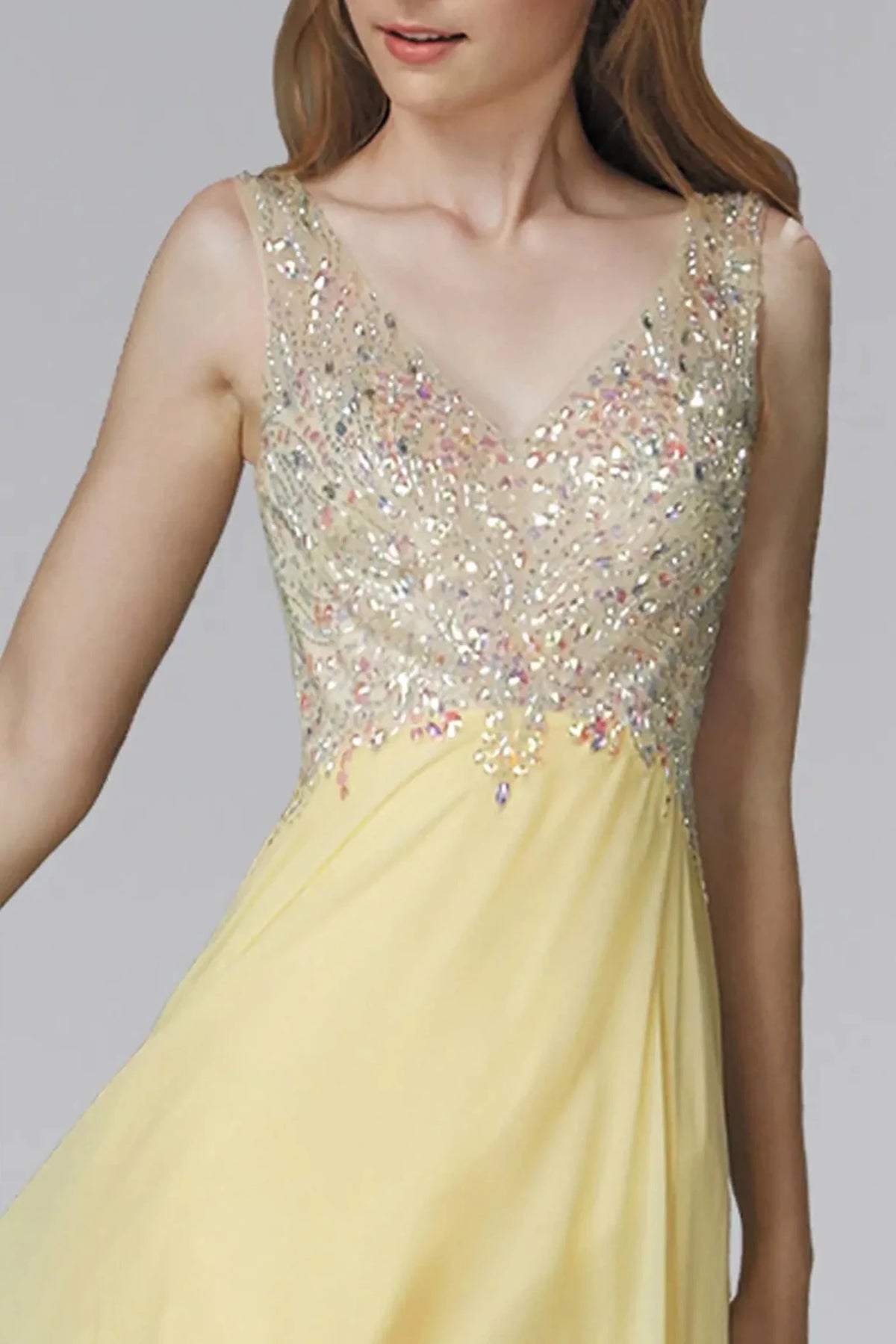 Light Yellow v-neck prom evening dress upper front with beads, jewel