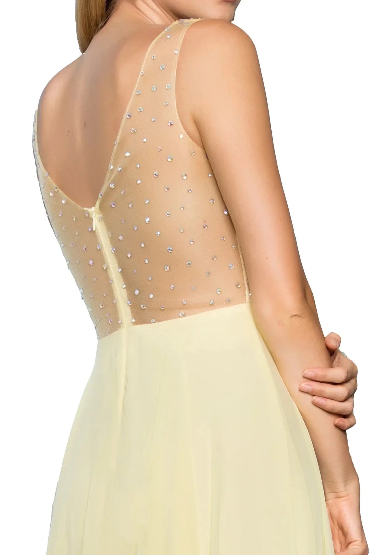 Light Yellow prom evening dress a-line skirt detail