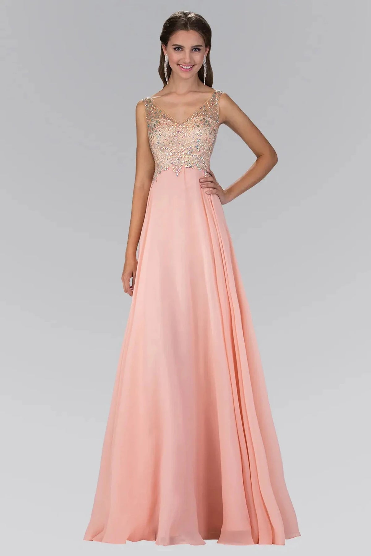 Peach beaded prom evening dress full front