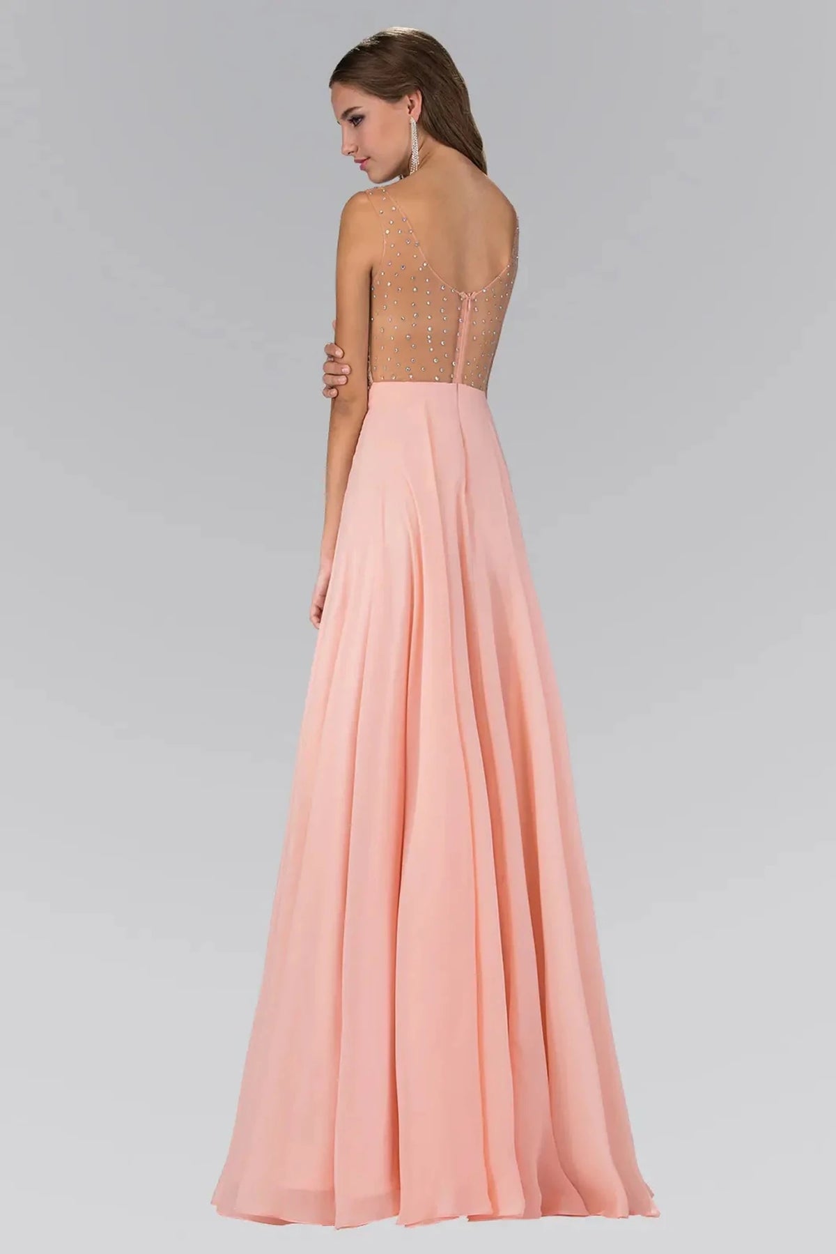 Peach prom evening dress full back with open back