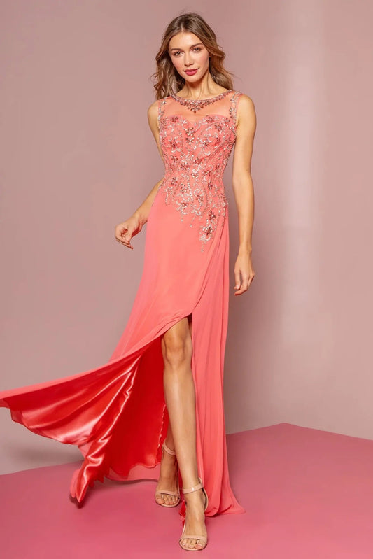 Back detail shows coral beading formal dress back bodice detail.