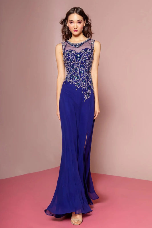 Bodice close-up highlights royal Blue beading formal dress.