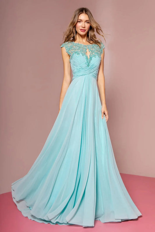 Rear view reveals baby Blue lace formal dress.