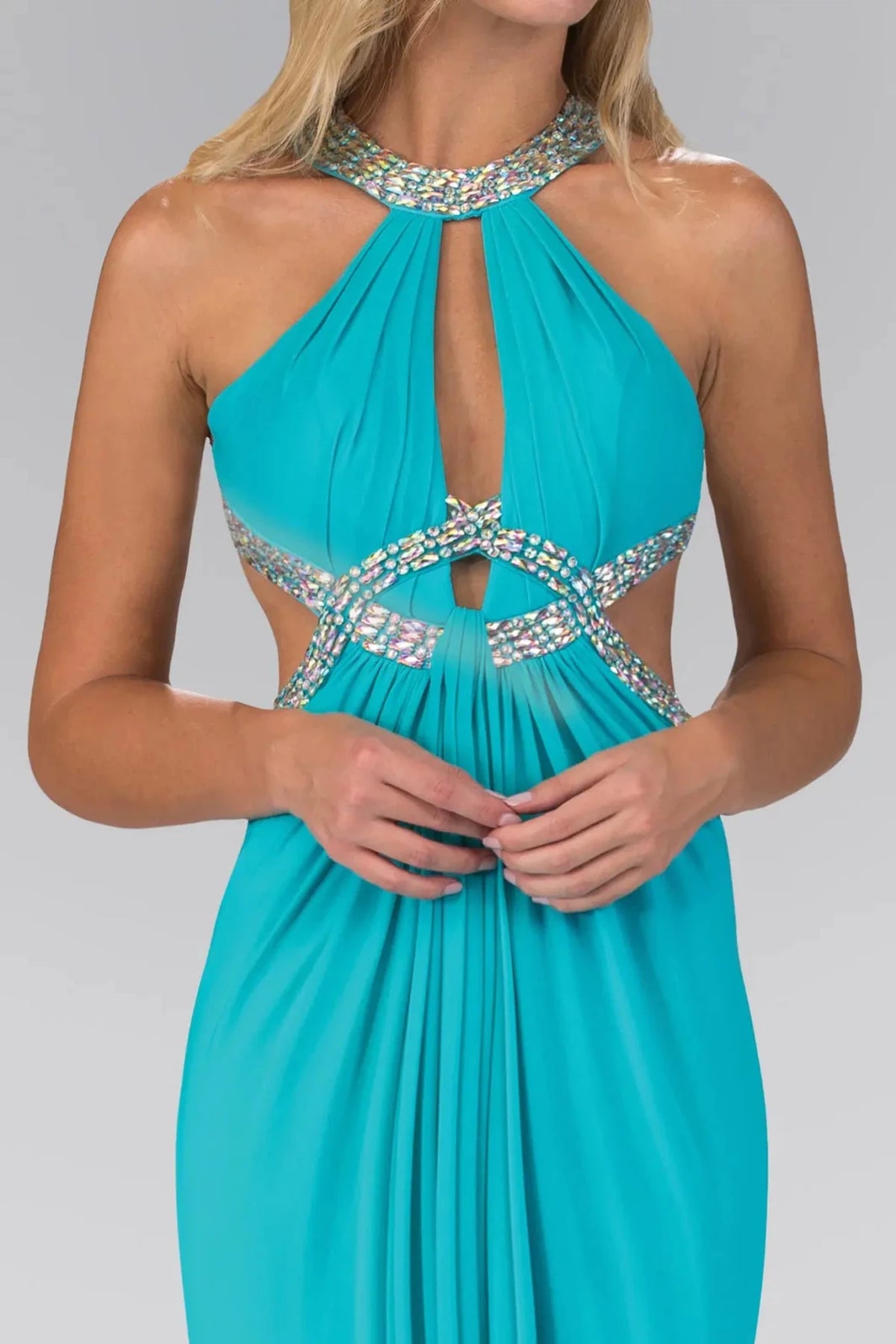 Tiffany halter prom evening dress upper front with jewel