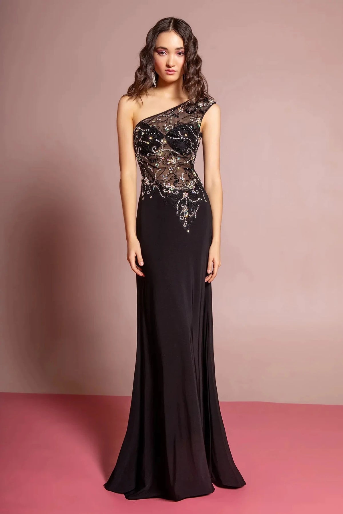 Black beaded one-shoulder prom evening dress full front