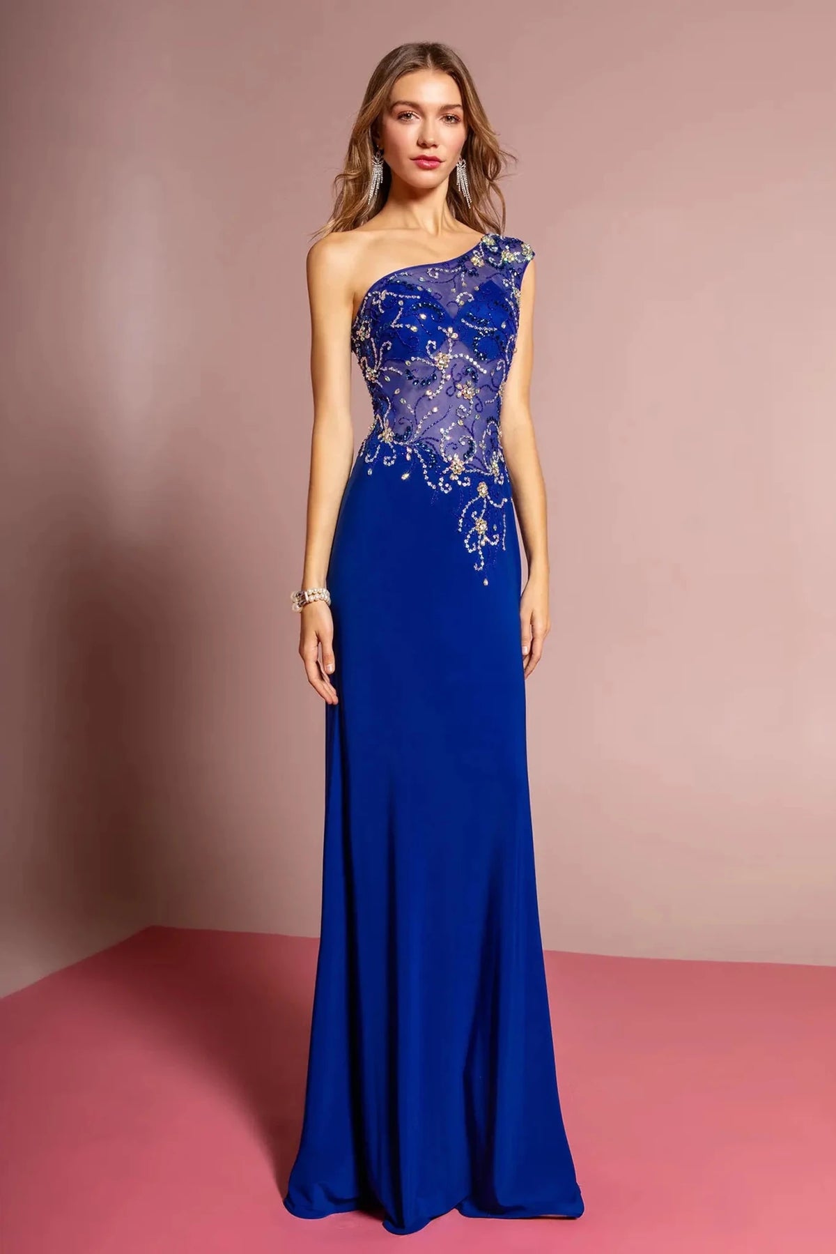 Royal Blue beaded one-shoulder prom evening dress full front