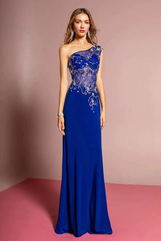 Full-length front view shows beaded one-shoulder styling on the Royal Blue prom evening dress.