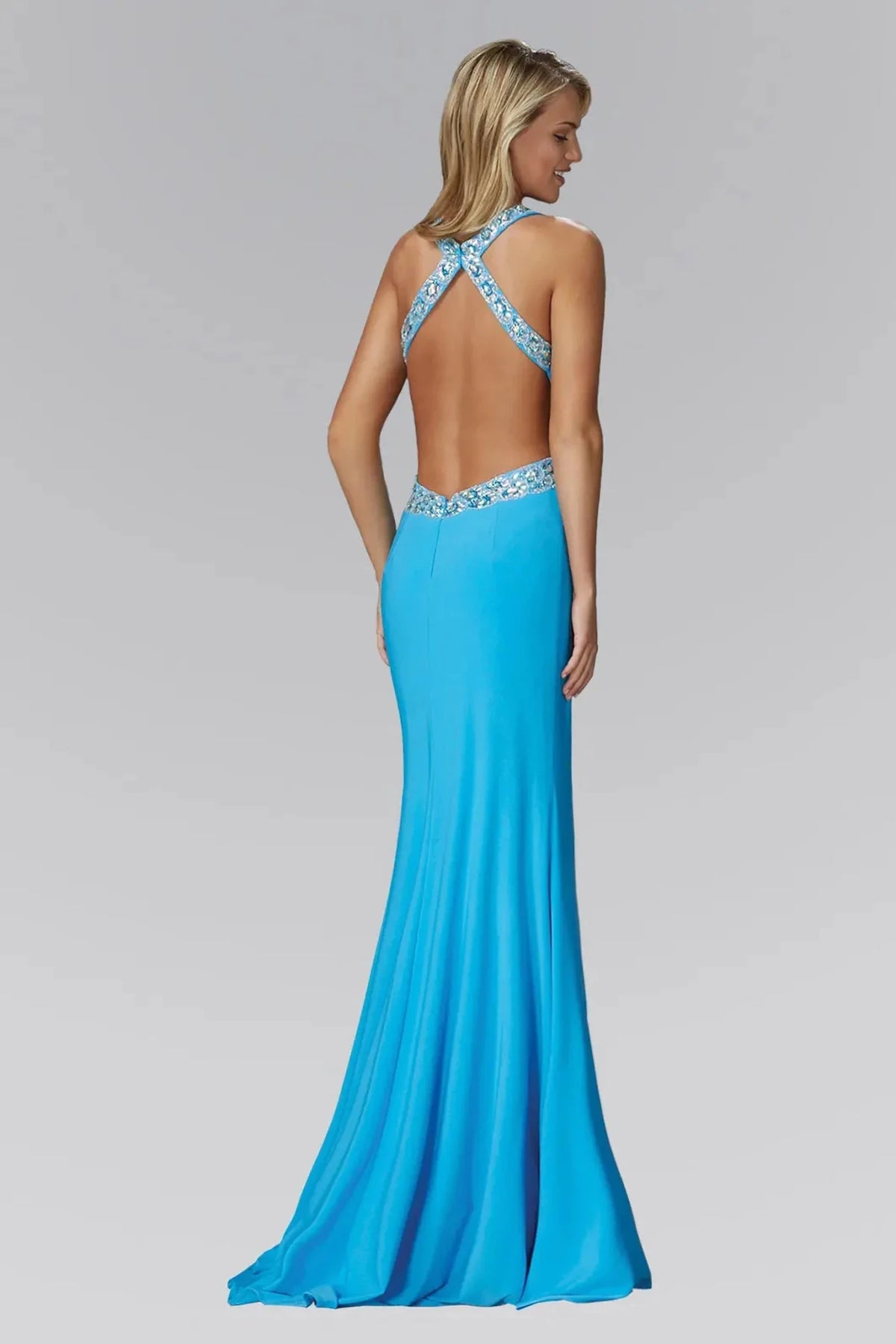 Aqua prom evening dress full back with open back