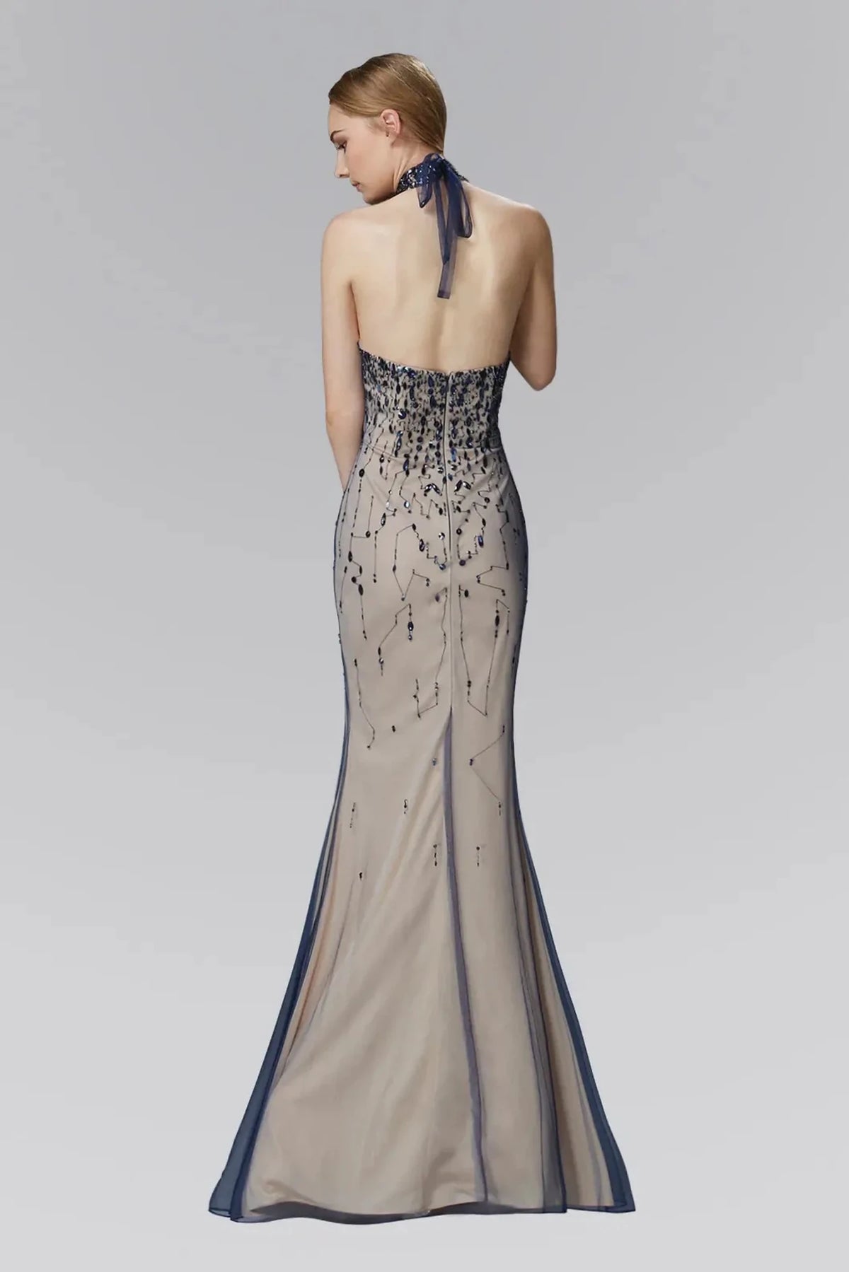 Navy/Nude prom evening dress full back with open back