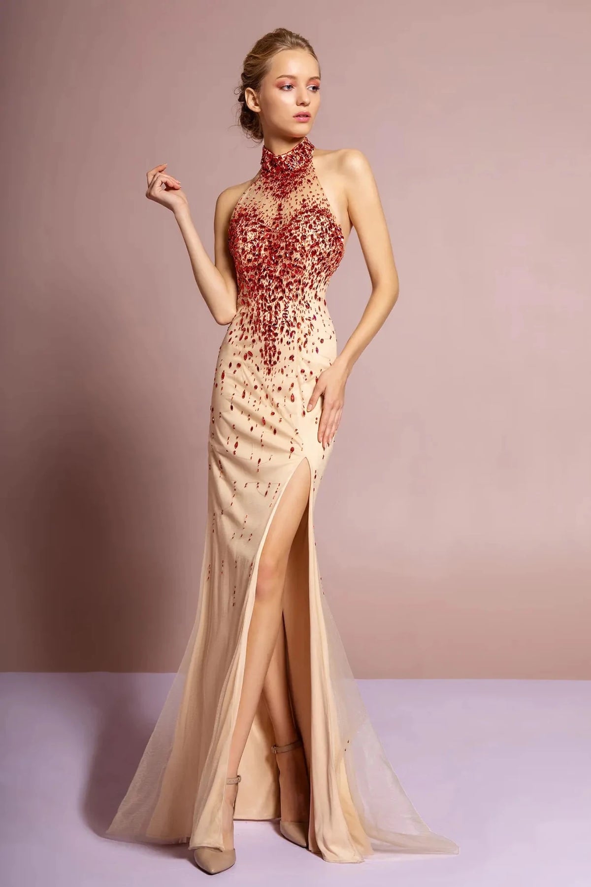 Red/Nude beaded prom evening dress full front