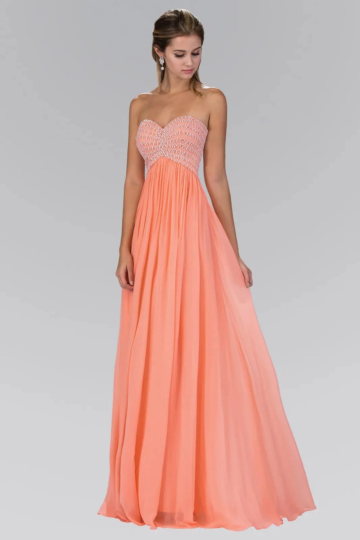 Coral beaded strapless prom evening dress full front