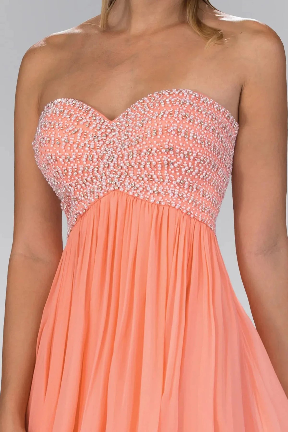 Coral sweetheart prom evening dress upper front with beads