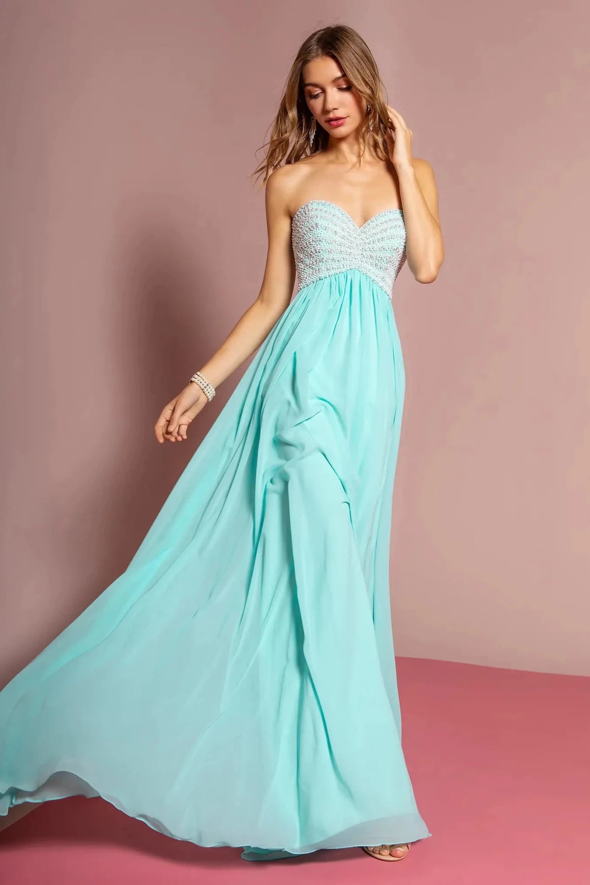 Mint beaded strapless prom evening dress full front