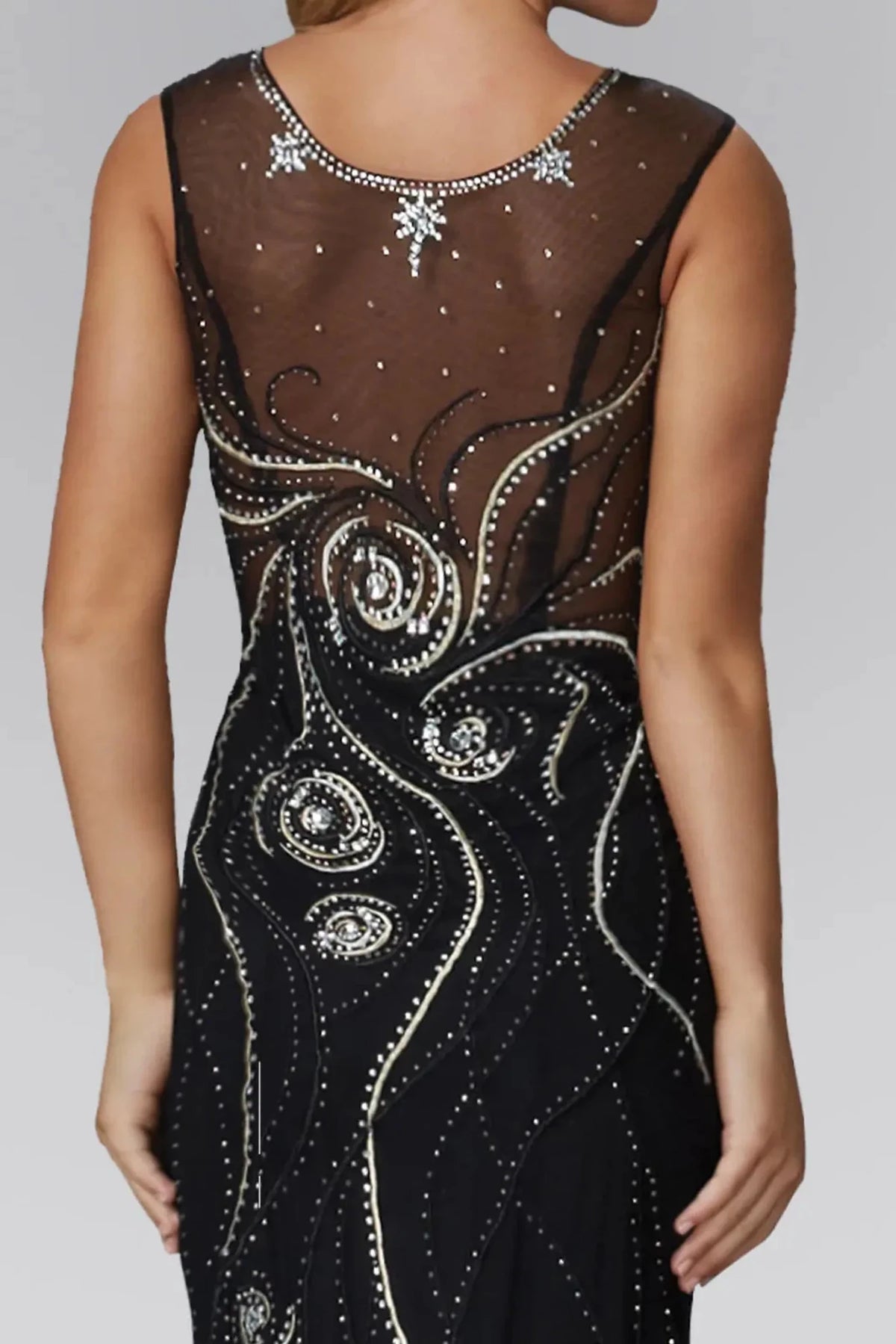 Black crew-neck prom evening dress upper front with embroidery, jewel
